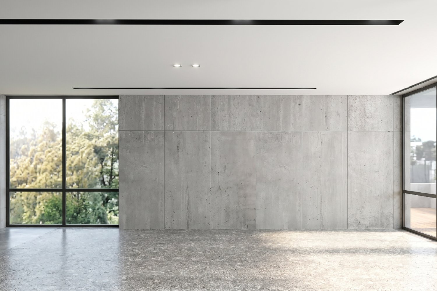 Empty living room with concrete walls and floor-to-ceiling windows, before staging